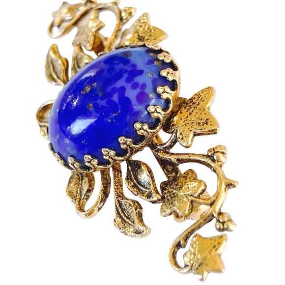VTG 60s Gold Tone Ivy Leaf Brooch Blue Art Glass Cabochon Victorian Revival Pin - Picture 5 of 11